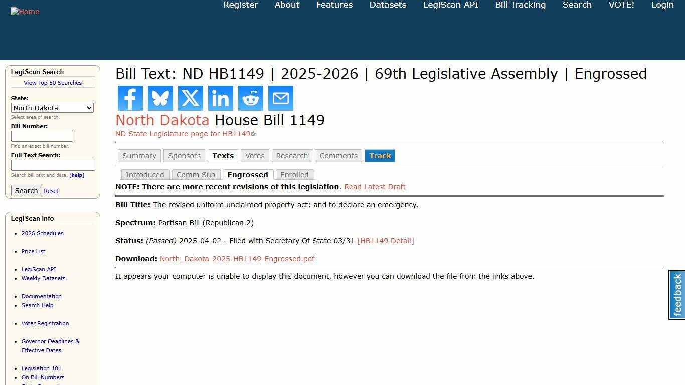 Bill Text: ND HB1149 2025-2026 69th Legislative Assembly Engrossed LegiScan