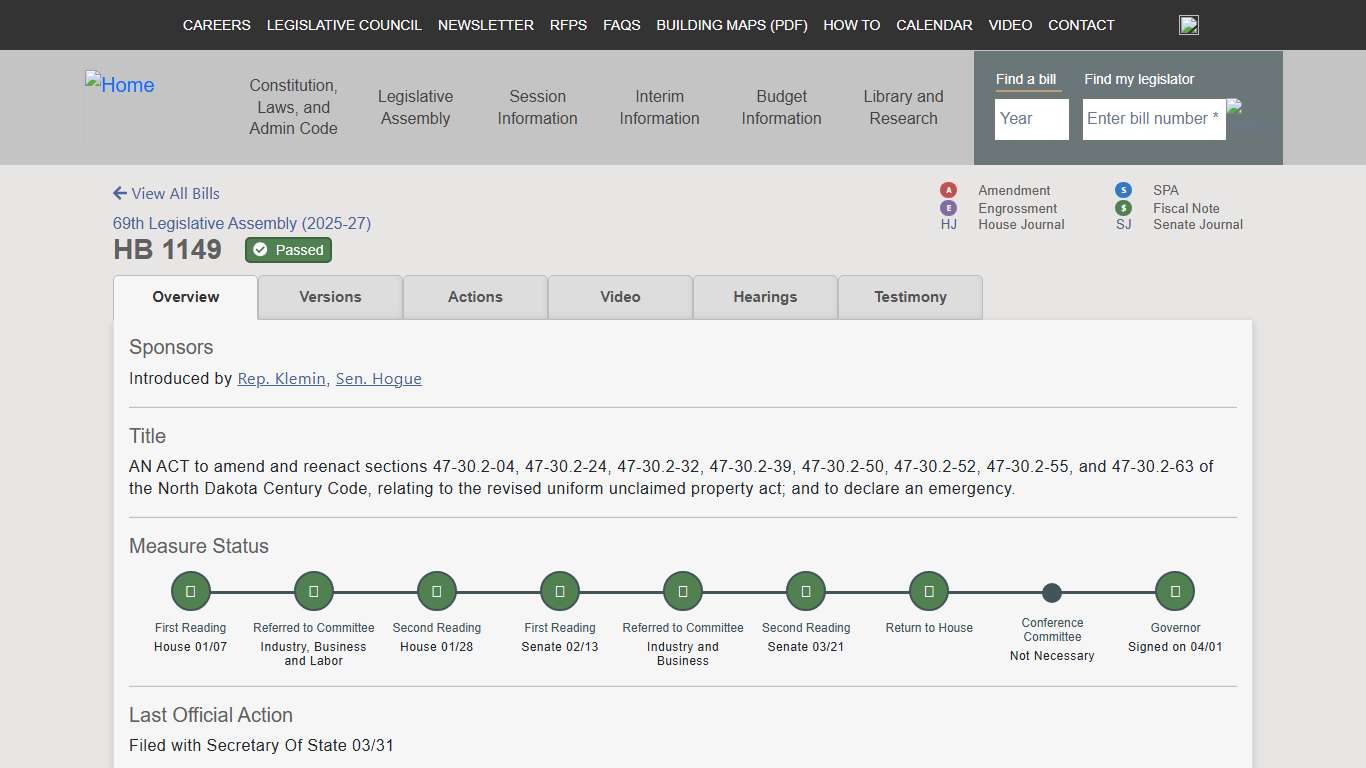 HB 1149 - Overview North Dakota Legislative Branch