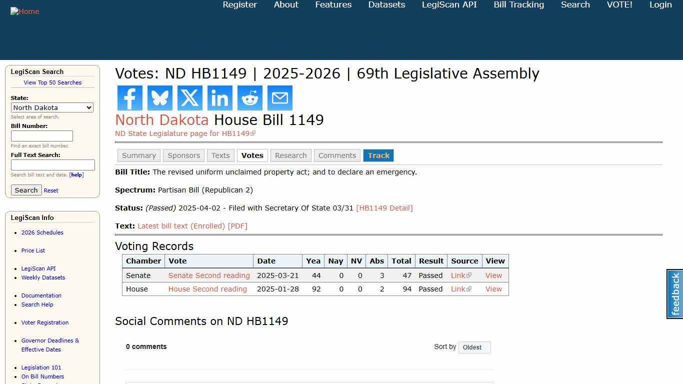 Votes: ND HB1149 2025-2026 69th Legislative Assembly LegiScan