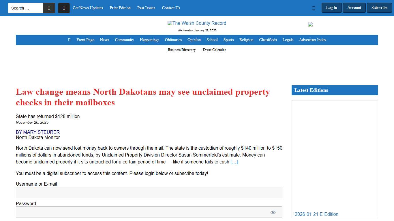 Law change means North Dakotans may see unclaimed property checks in their mailboxes - The Walsh County Record
